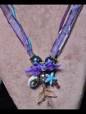 Triple Strand Necklace Of Purple & Blue, With A Mermaid/Nautical Pendant